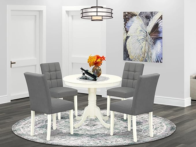 East West Furniture ANAS5-LWH-41 Antique 5 Piece Dining Set Contain A Dinner Table and 4 Platinum Gray Faux Leather Kitchen Chairs with Stylish Back, Linen White Finish, 36x36 Inch - LeafyLoom