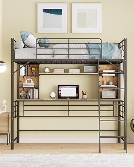 RITSU Full Size Loft Bed with Desk and Storage Shelves, Metal BedFrame,w/Ladder & Fenced Around Guardrails, Easy Assembly, for Adults, Kids, Teens, Black - LeafyLoom