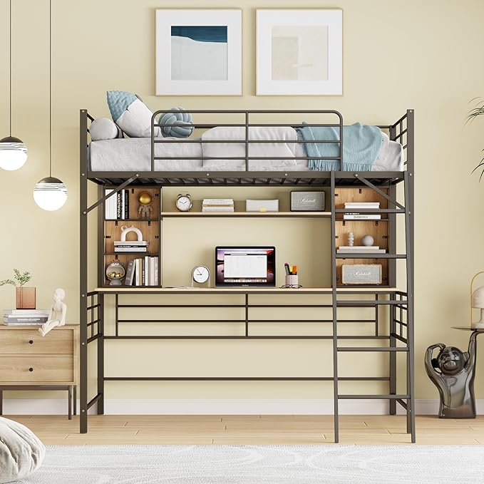 RITSU Full Size Loft Bed with Desk and Storage Shelves, Metal BedFrame,w/Ladder & Fenced Around Guardrails, Easy Assembly, for Adults, Kids, Teens, Black - LeafyLoom