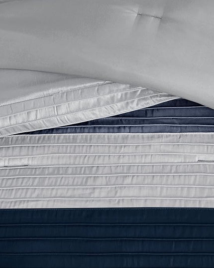 Madison Park Amherst Faux Silk Comforter Set-Casual Contemporary Design All Season Down Alternative Bedding, Matching Shams, Bedskirt, Decorative Pillows, King(104"x92"), Navy, 7 Piece (MP10-2208) - LeafyLoom