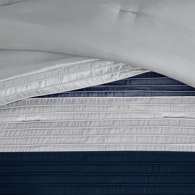 Madison Park Amherst Faux Silk Comforter Set-Casual Contemporary Design All Season Down Alternative Bedding, Matching Shams, Bedskirt, Decorative Pillows, King(104"x92"), Navy, 7 Piece (MP10-2208) - LeafyLoom