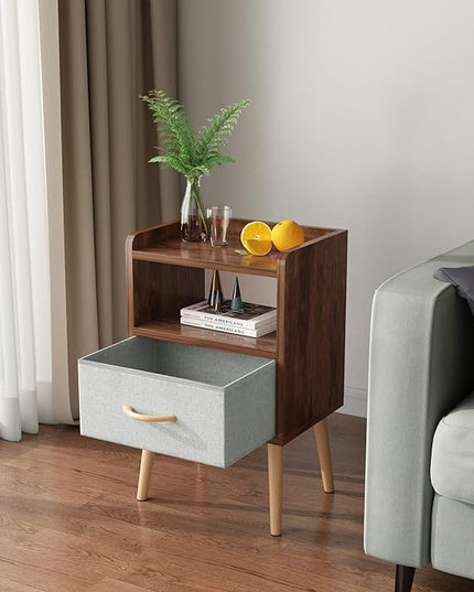 LUCKNOCK NightStand with Fabric Drawer, Bedside Table with Solid Wood Legs, Minimalist and Practical End Side Table with Open Storage Shelf for Bedroom, Rustic Brown. - LeafyLoom