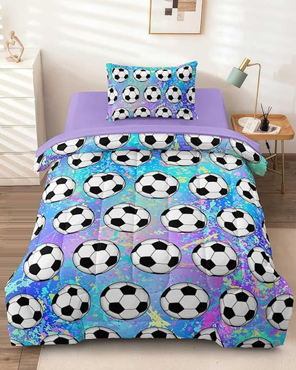 4 Piece Girls Soccer Bedding Set Twin Size Colorful Soccer Comforter Set for Teen Girls Kids Twin Bed in a Bag Set with Sheets Twin Bed Sets for Teenage - LeafyLoom