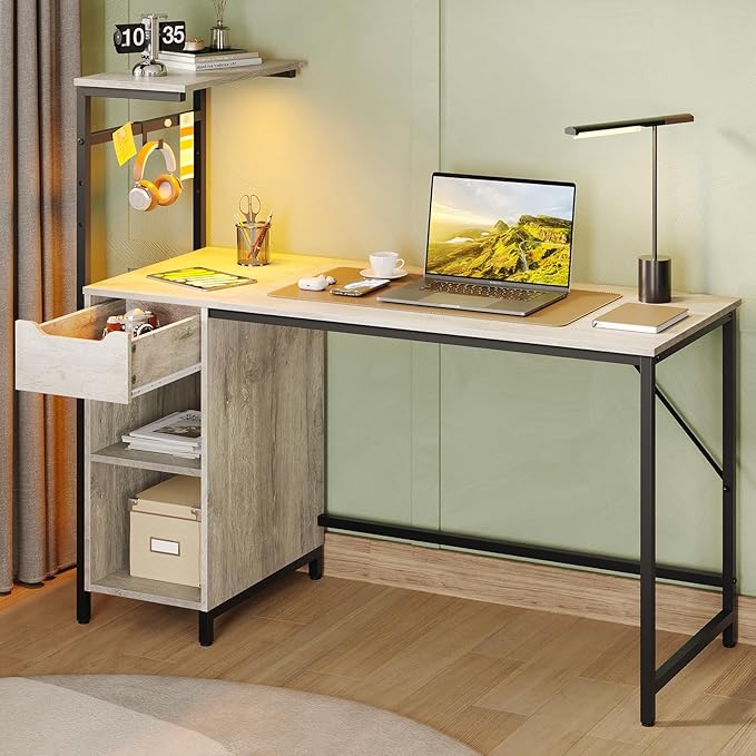 Bestier Gaming Desk with Drawer and LED Lights, 48 inch Computer Desk PC Table with Adjustable Storage Shelves & Hook for Home Office, Light Grey - LeafyLoom