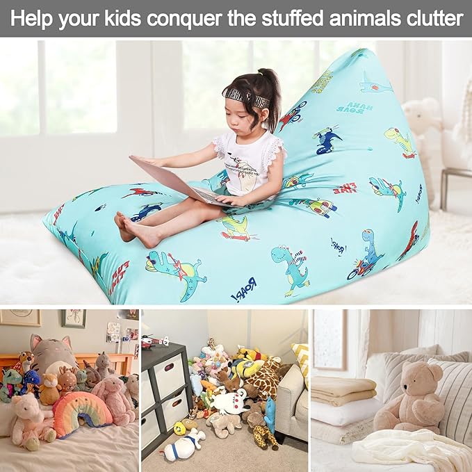Jorbest Stuffed Animal Storage, Dinosaur Bean Bag Chair, Stuffed Animal Storage Bean Bag Chair for Kids and Adults, Dinosaur Bean Bag for Boys and Girls - Cover ONLY (Dinosaur 200L/52 Gal) - LeafyLoom