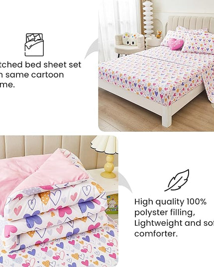 Mooreeke Full Size Comforter Sets for Girls Kids, 8 Pieces Bed in a Bag Pink Heart Bedding Comforter Sheet Set with Shams and Decorative Toy Pillow, Ultral Soft Microfiber Kids Bed Set - LeafyLoom