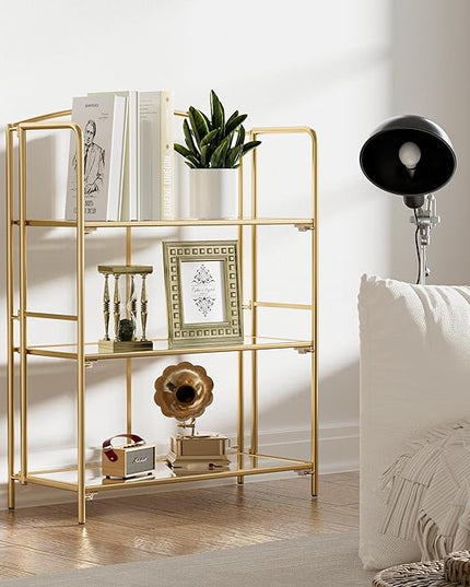 No Assembly Folding Bookshelf for Living Room, 3 Tier Gold Collapsible Book Shelf for Home Office, Portable Bookcase Storage Organizer - LeafyLoom