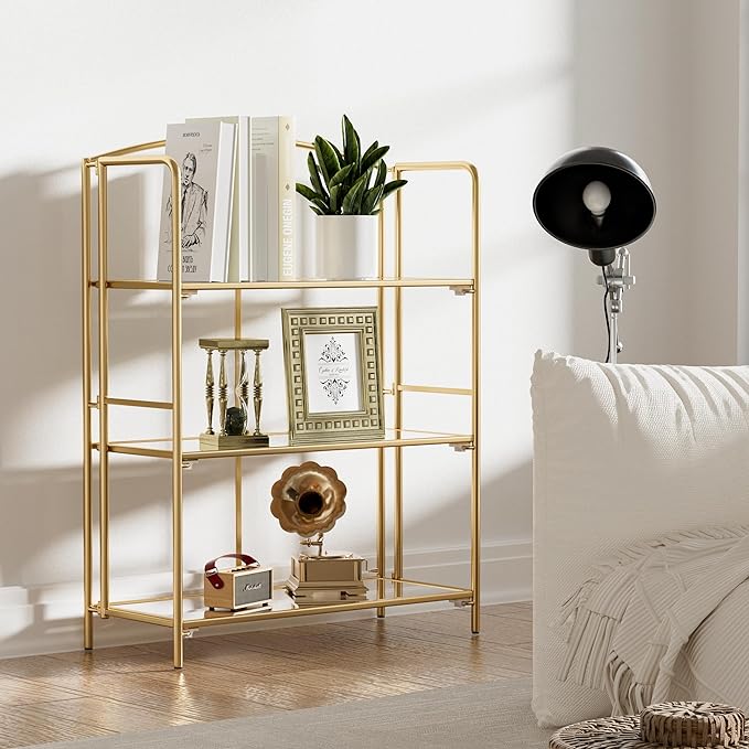 No Assembly Folding Bookshelf for Living Room, 3 Tier Gold Collapsible Book Shelf for Home Office, Portable Bookcase Storage Organizer - LeafyLoom