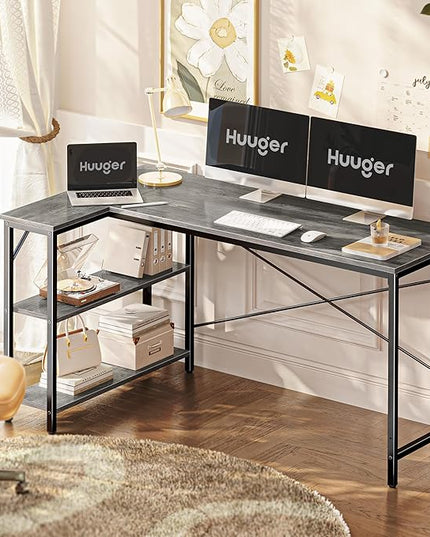 L Shaped Desk, 55 Inches Computer Desk with Reversible Storage Shelves, Gaming Desk, Corner Desk Home Office Desks, Writing Desk Study Desk with Metal Frame, Gray - LeafyLoom