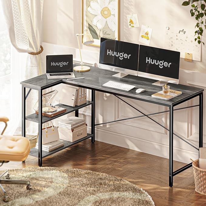 L Shaped Desk, 55 Inches Computer Desk with Reversible Storage Shelves, Gaming Desk, Corner Desk Home Office Desks, Writing Desk Study Desk with Metal Frame, Gray - LeafyLoom