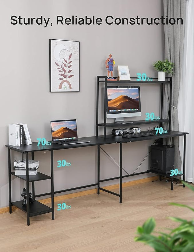 Evajoy L Shaped Computer Desk with Power Outlets and USB Ports, Reversible L-Shaped Corner Gaming Desk with Storage Shelves, 94.5’’ Industrial 2 Person Home Office Desk with Monitor Stand for Home - LeafyLoom