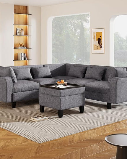 Modern Sectional Sofa with pillows, coffee table,6-Seat Couch Set w/Storage Ottoman,Various Combinations,L-Shape Indoor Furniture with Unique Armrests for Living Room,Apartment, Ushaped Gray - LeafyLoom