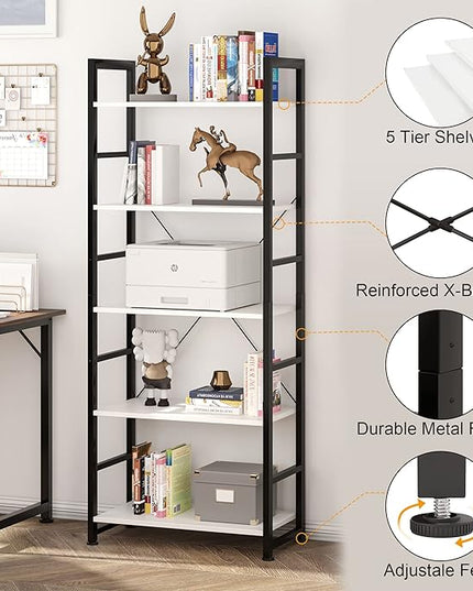 VERMESS Industrial Bookshelf, 5-Tier 24inch White Shelving Unit Wood Bookcase with Open Shelves, Rustic Standing Bookshelves Metal Frame Display Rack for Living Room,Bedroom, 24 * 11.8 * 63 inch - LeafyLoom