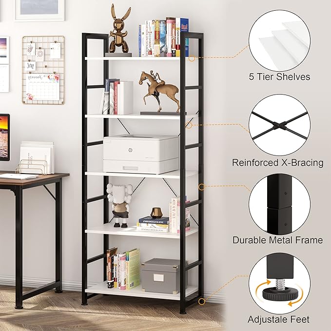 VERMESS Industrial Bookshelf, 5-Tier 24inch White Shelving Unit Wood Bookcase with Open Shelves, Rustic Standing Bookshelves Metal Frame Display Rack for Living Room,Bedroom, 24 * 11.8 * 63 inch - LeafyLoom