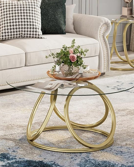 O&K FURNITURE Gold Coffee Table, Modern Round Glass Coffee Table for Living Room with Ring-Shaped Frames, Gold Glass Table for Home&Office,Gold Finish, 1PC - LeafyLoom