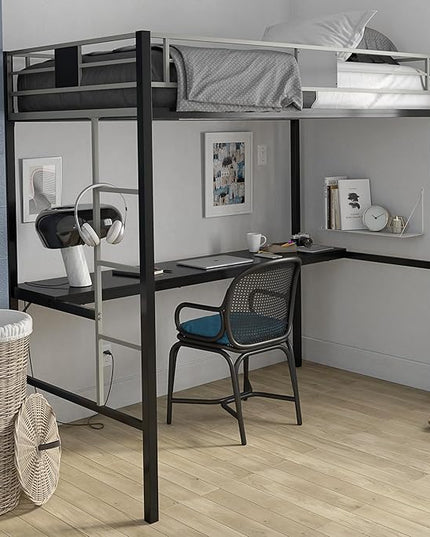 DHP Screen Loft Metal Bunk Bed with Desk and Ladder, Space-Saving Design, Silver Twin - LeafyLoom