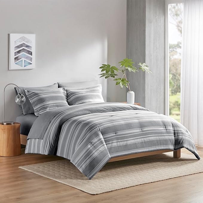 Queen Size Bed in a Bag, Full Bedding Sets, Modern Farmhouse Grey and White Striped Comforter with Sheets, 7-Piece Complete Bedroom Set - LeafyLoom