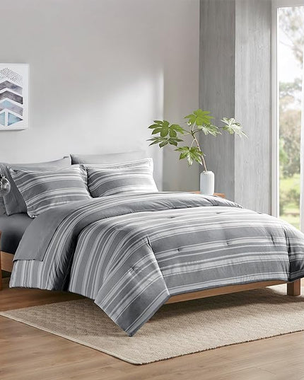 Full-size Bed in a Bag, Full Bedding Sets, Modern Farmhouse Grey and White Striped Comforter with Sheets, 7-Piece Complete Bedroom Set - LeafyLoom