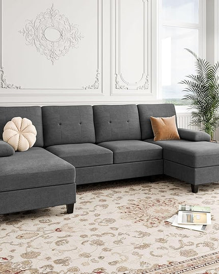 Shintenchi Sectional Couches for Living Room, U Shaped Sofa Couch with Double Chaise, 4-Seat Living Room Furniture Sets with Soft Cushion & Linen Fabric, Black - LeafyLoom