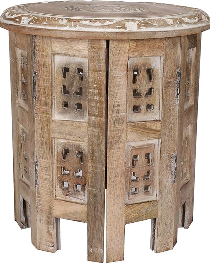 Round Side Table,Small Table, Round End Table,Side Table, Side Tables Living Room, Altar Table, Carved Side Table,Wood Accent Table,Carved Wood Table 12" Round Top x 12" High White Wash - LeafyLoom