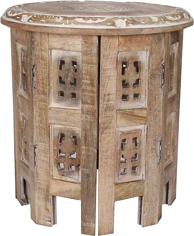 Round Side Table,Small Table, Round End Table,Side Table, Side Tables Living Room, Altar Table, Carved Side Table,Wood Accent Table,Carved Wood Table 12" Round Top x 12" High White Wash - LeafyLoom