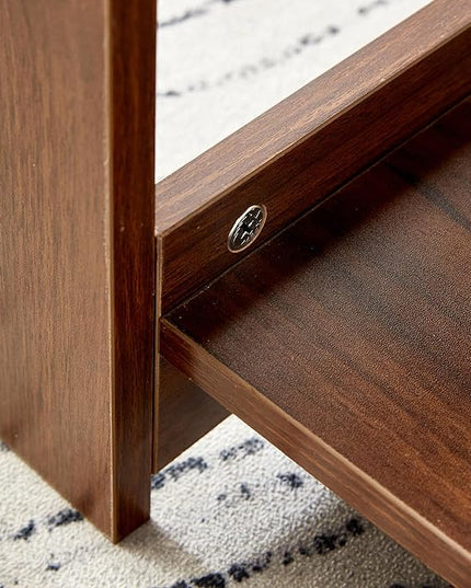 Farmhouse Wood Coffee Table - Boho Tea Table with Storage Shelf, Rectangle Center Table Wood Look Accent Table, 2-Tier Sofa Side Table Modern Rectangular Coffee Table Living Room Furniture - LeafyLoom