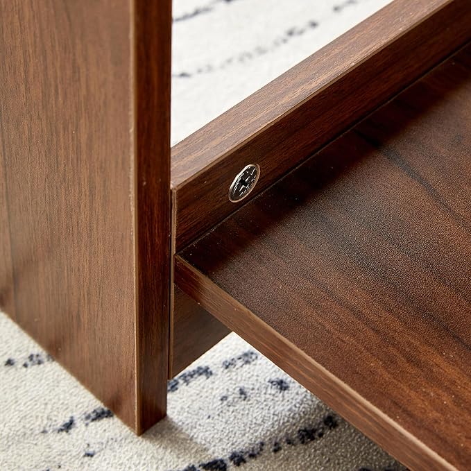 Farmhouse Wood Coffee Table - Boho Tea Table with Storage Shelf, Rectangle Center Table Wood Look Accent Table, 2-Tier Sofa Side Table Modern Rectangular Coffee Table Living Room Furniture - LeafyLoom
