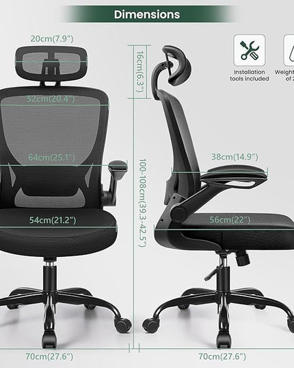 KERDOM Ergonomic Office Chair, Breathable Mesh Desk Chair with Headrest and Flip-up Arms for Office,Gaming,Computer Lumbar Support Swivel Task Chair, Adjustable Height,Black - LeafyLoom