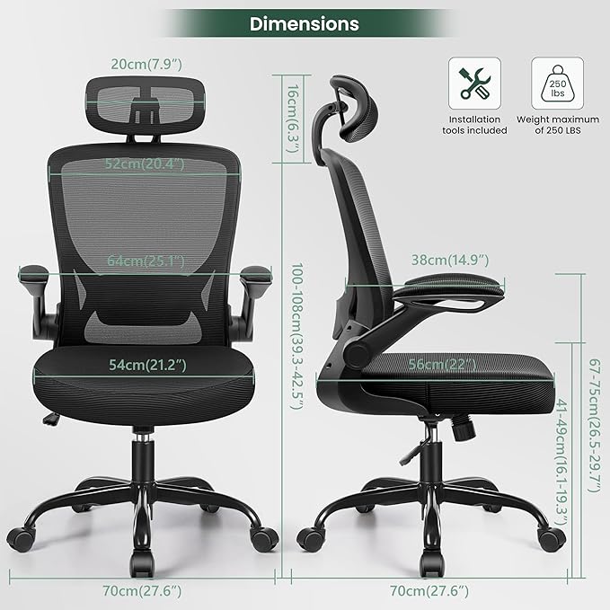 KERDOM Ergonomic Office Chair, Breathable Mesh Desk Chair with Headrest and Flip-up Arms for Office,Gaming,Computer Lumbar Support Swivel Task Chair, Adjustable Height,Black - LeafyLoom