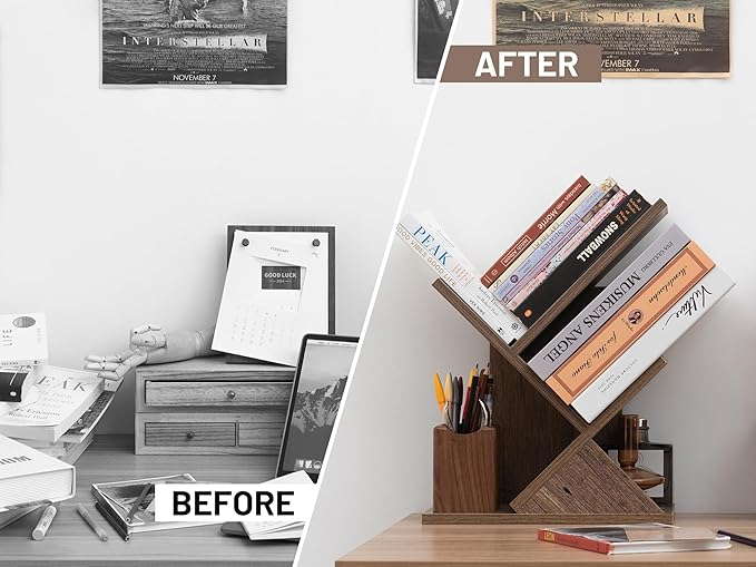 Labcosi 2 Tier Tree Bookshelf, Small Bookshelf for Storing Books/CDs, Wood Book Organizer Shelves for Home Office, Bedroom, Living Room, Rustic Brown - LeafyLoom