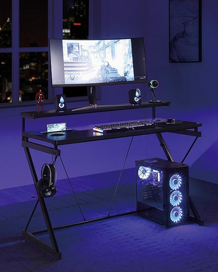 OSP Home Furnishings Emulator Battlestation Gaming Desk with RGB LED Lights, Black - LeafyLoom