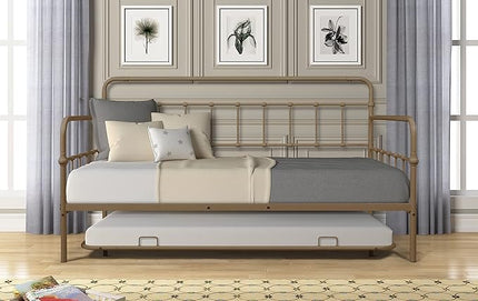 Twin Size Bed W/Slats,Metal Frame Daybed with Trundle & Anti-Noise Design,Space-Saving,Easy to Install,for Living Room Bedroom Apartment,Bronze - LeafyLoom