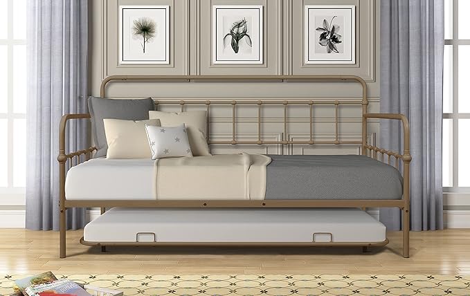 SuperStroke Jintop Twin Size Bed W slats,Metal Frame Daybed with Trundle and Anti-Noise Design,Space-Saving & Easy to Install,for Living Room Bedroom Apartment,Bronze - LeafyLoom