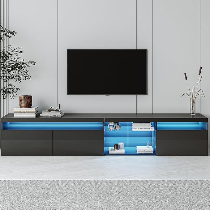 NicBex TV Stand for 100 Inch TV LED Gaming Entertainment Center Media Storage Console Table with 2 Glass Shelves and LED Color Changing Lights for Living Room,Bedroom,94.50 Inch,Black - LeafyLoom