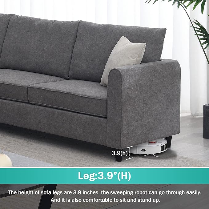 91" Modern Upholstered Living Room Sectional Sofa,with 3 Pillows,L Shape Wood Frame Furniture Couch,w/Track Armrests,Cushions and Legs,for Dorm, Apartment,Studio,Office,Grey - LeafyLoom