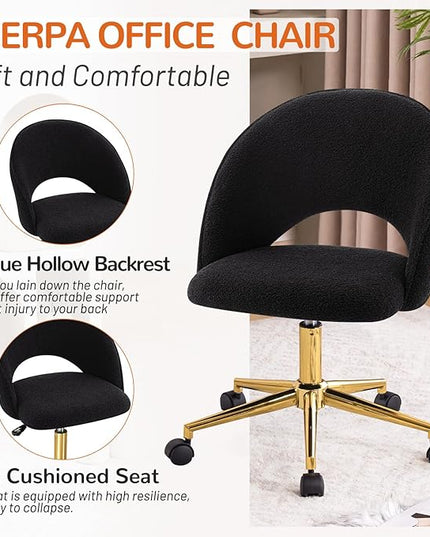 Furniliving Home Vanity Desk Chair, Modern Cute Desk Chairs Adjustment Height Chair with Swivel Wheels Upholstered Sherpa Gold Metal Base for Makeup Living Room Bedroom,Black - LeafyLoom
