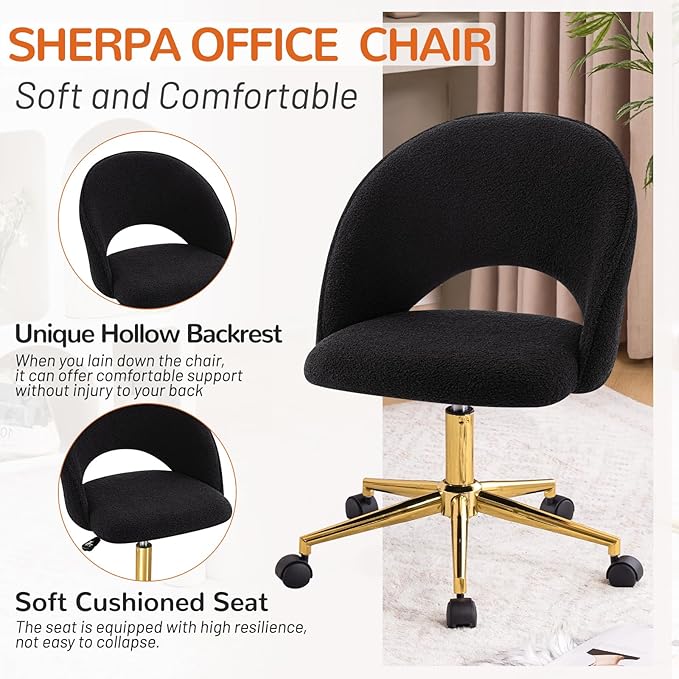 Furniliving Home Vanity Desk Chair, Modern Cute Desk Chairs Adjustment Height Chair with Swivel Wheels Upholstered Sherpa Gold Metal Base for Makeup Living Room Bedroom,Black - LeafyLoom