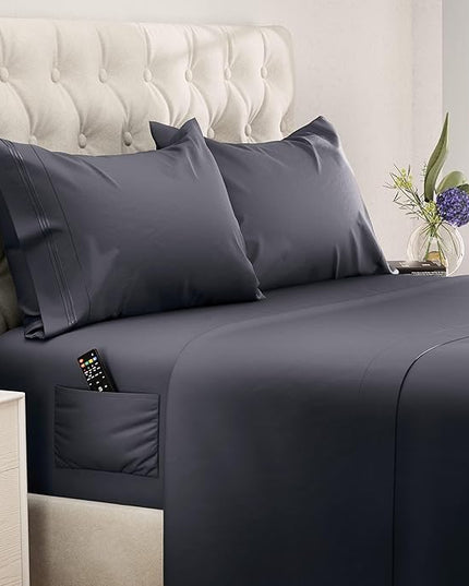 DREAMCARE Queen Size Sheets - Cooling Bed Sheets - 4pcs Set - up to 15" Deep Pocket Queen Sheet Set - Sheets Queen Size Bed - Soft & Long Lasting 100% Fine Brushed Polyester with Side Pocket - DGray - LeafyLoom
