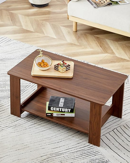 Farmhouse Wood Coffee Table - Boho Tea Table with Storage Shelf, Rectangle Center Table Wood Look Accent Table, 2-Tier Sofa Side Table Modern Rectangular Coffee Table Living Room Furniture - LeafyLoom