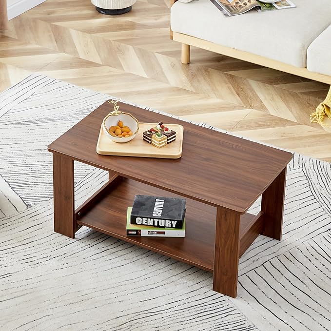 Farmhouse Wood Coffee Table - Boho Tea Table with Storage Shelf, Rectangle Center Table Wood Look Accent Table, 2-Tier Sofa Side Table Modern Rectangular Coffee Table Living Room Furniture - LeafyLoom