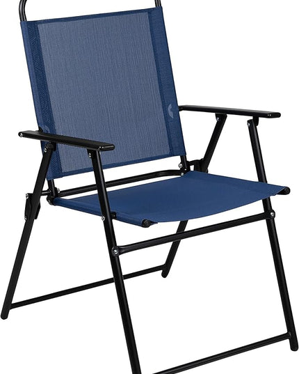 Flash Furniture Nantucket 6-Piece Patio Dining Set with Glass Table, 4 Folding Chairs, and Umbrella, Outdoor Patio Table, Chairs, Umbrella Set, Navy - LeafyLoom