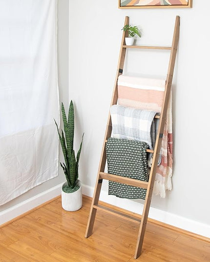 Ilyapa Blanket Ladder for The Living-Room - Rustic Decorative Quilt Ladder with Folding Construction for Easy Storage, Brown Weathered Wood - LeafyLoom