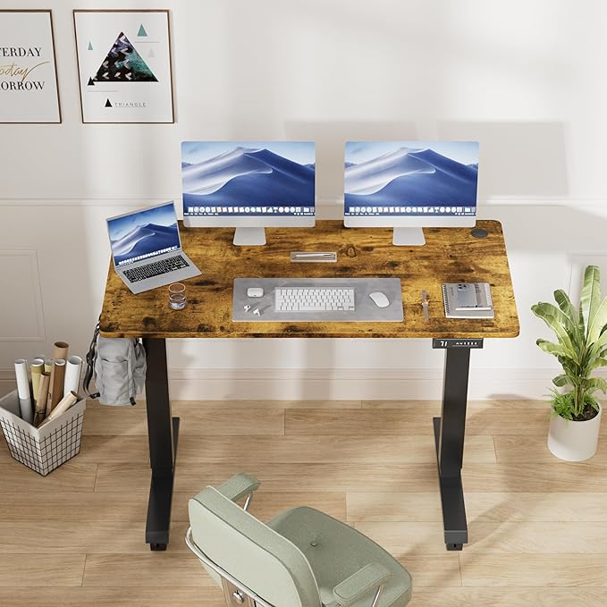 Electric Standing Desk 48 Inch, Ergonomic Height Adjustable Table with T-Shaped Metal Bracket Modern Computer Workstations for Home Office, Rustic Brown, 48 x 24 Inch - LeafyLoom