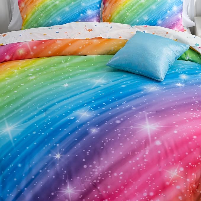 Btargot Super Soft 6 Pieces Gradient Star Ring Comforter Set, Colorful Glitter Rainbow Star Pattern Bedding Set for Boys Girls Teens,Full Multicolor - LeafyLoom