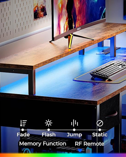 SUPERJARE 53 inch Reversible L Shaped Desk with LED Lights & Power Outlets, Computer Desk with Shelves & Monitor Stand, Gaming Desk with Drawer, Home Office Desk Corner Desk, Rustic Brown - LeafyLoom