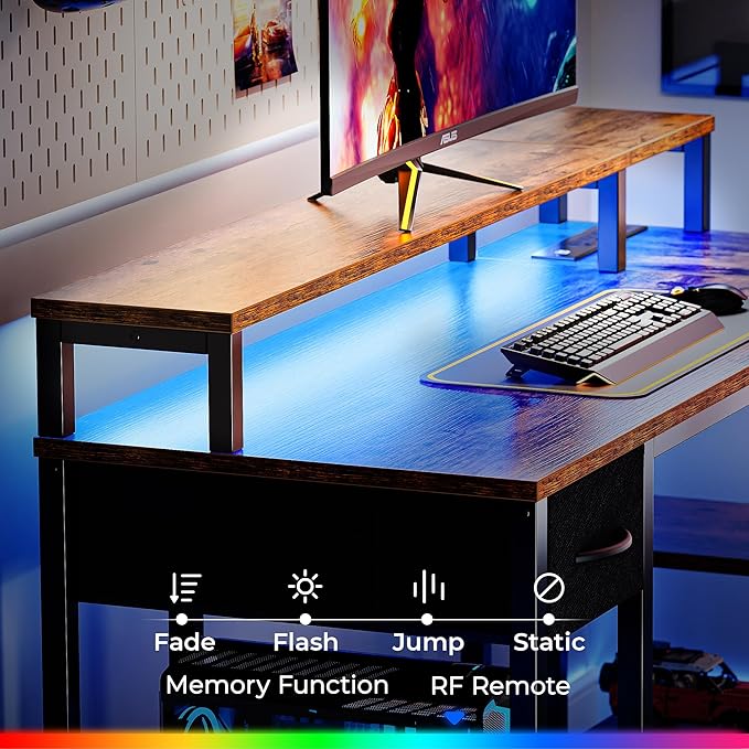 SUPERJARE 53 inch Reversible L Shaped Desk with LED Lights & Power Outlets, Computer Desk with Shelves & Monitor Stand, Gaming Desk with Drawer, Home Office Desk Corner Desk, Rustic Brown - LeafyLoom