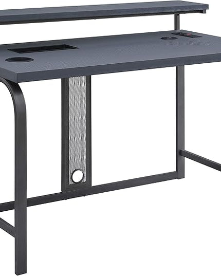 OSP Home Furnishings Reload Gaming Desk with Wireless Charging, USB Power Hub, and Remote Controlled RGB LED Lights, Matte Grey Carbon Fiber - LeafyLoom