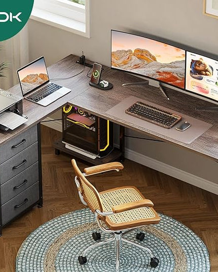 AODK L Shaped Desk with 4 Tier Drawers, 61" Reversible Gaming Desk with Power Outlets, L Shaped Computer Desk with USB Charging Port and Host Stand, Home Office Corner Desk, Easy to Assemble, Grey Oak - LeafyLoom