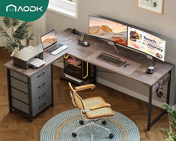 AODK L Shaped Desk with 4 Tier Drawers, 61" Reversible Gaming Desk with Power Outlets, L Shaped Computer Desk with USB Charging Port and Host Stand, Home Office Corner Desk, Easy to Assemble, Grey Oak - LeafyLoom