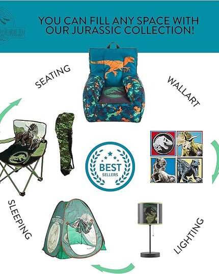 Idea Nuova Jurassic World 2 Kids Nylon Bean Bag Chair with Piping & Top Carry Handle, Blue, 18" H x 18" W - LeafyLoom